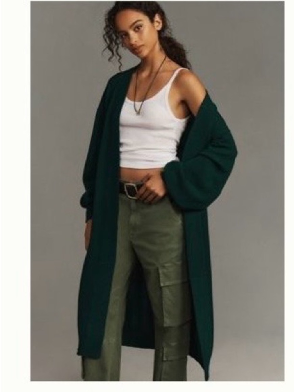 Long Open-Front Forest Green Women's Cardigan